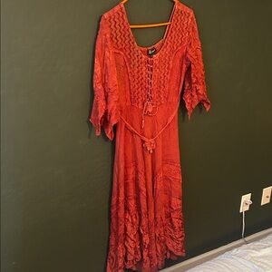 Elegant Long Sleeve Red Lace-Up Dress